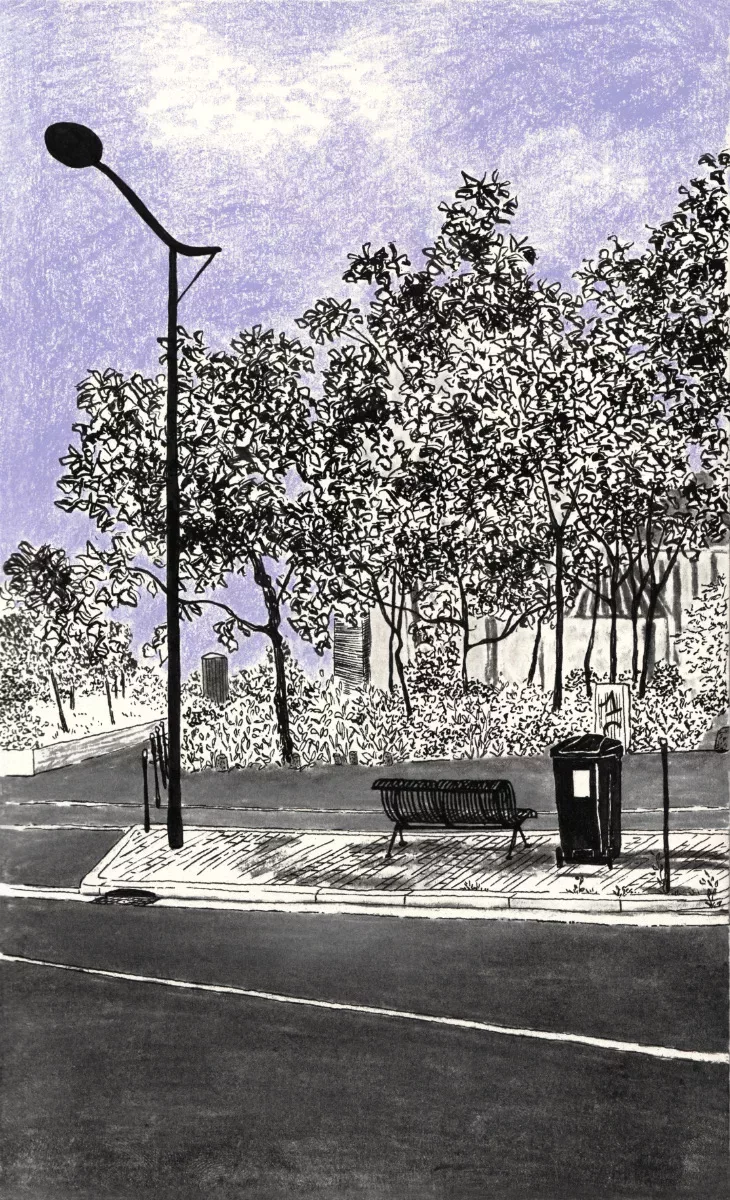 ink and pencil drawing of a street with a street lamp, a bench and a bin with trees on the background