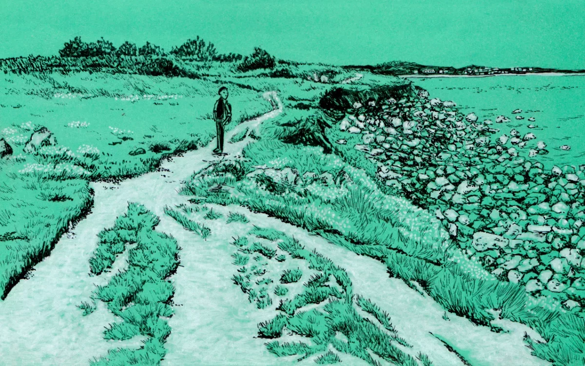 landscape observational drawing made with ink on green paper