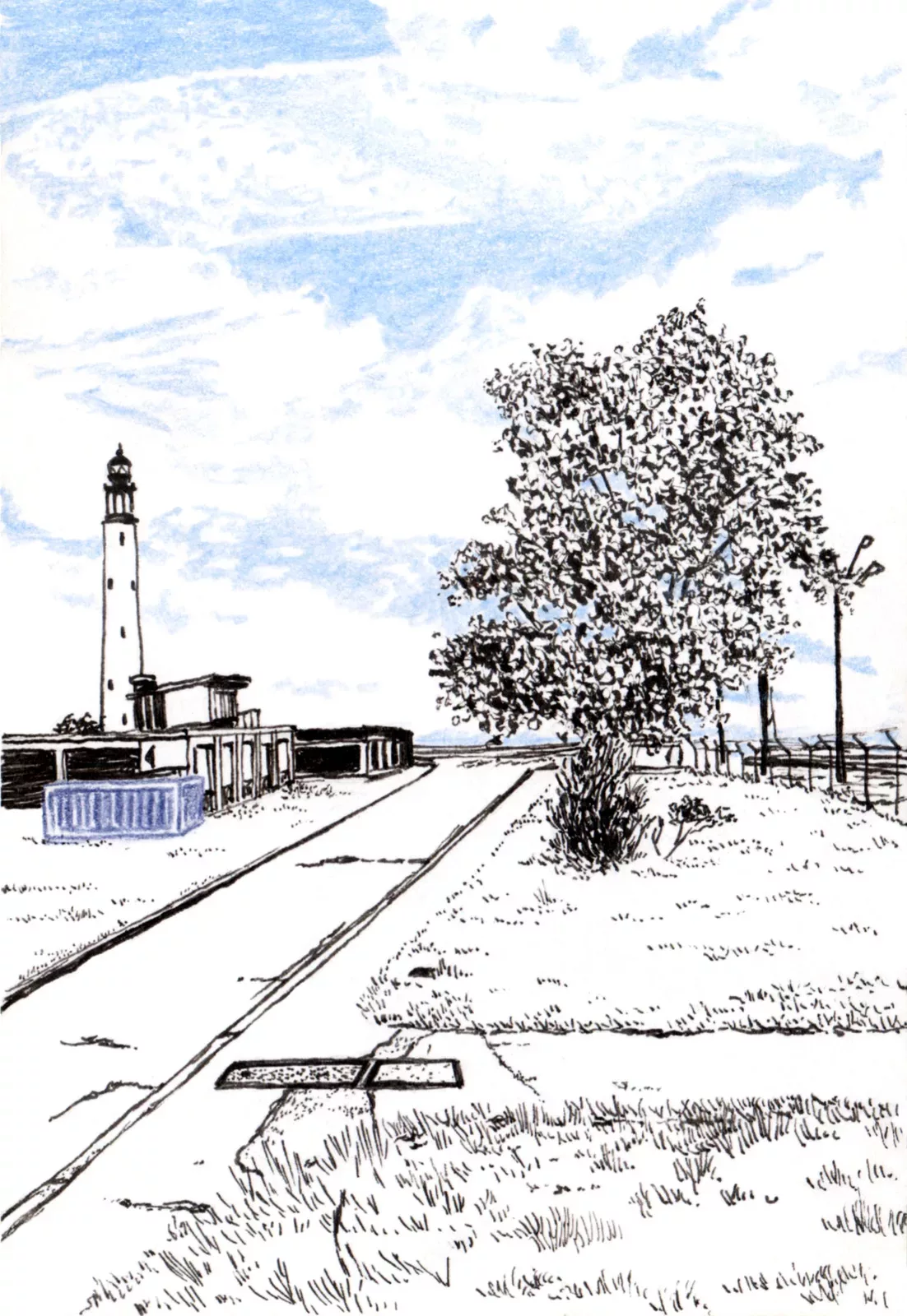 black ink and blue pencil drawing of a port