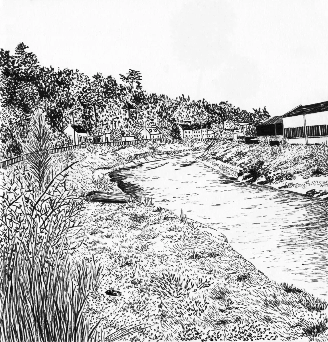 black and white landscape drawing of a river with plants and houses on the banks