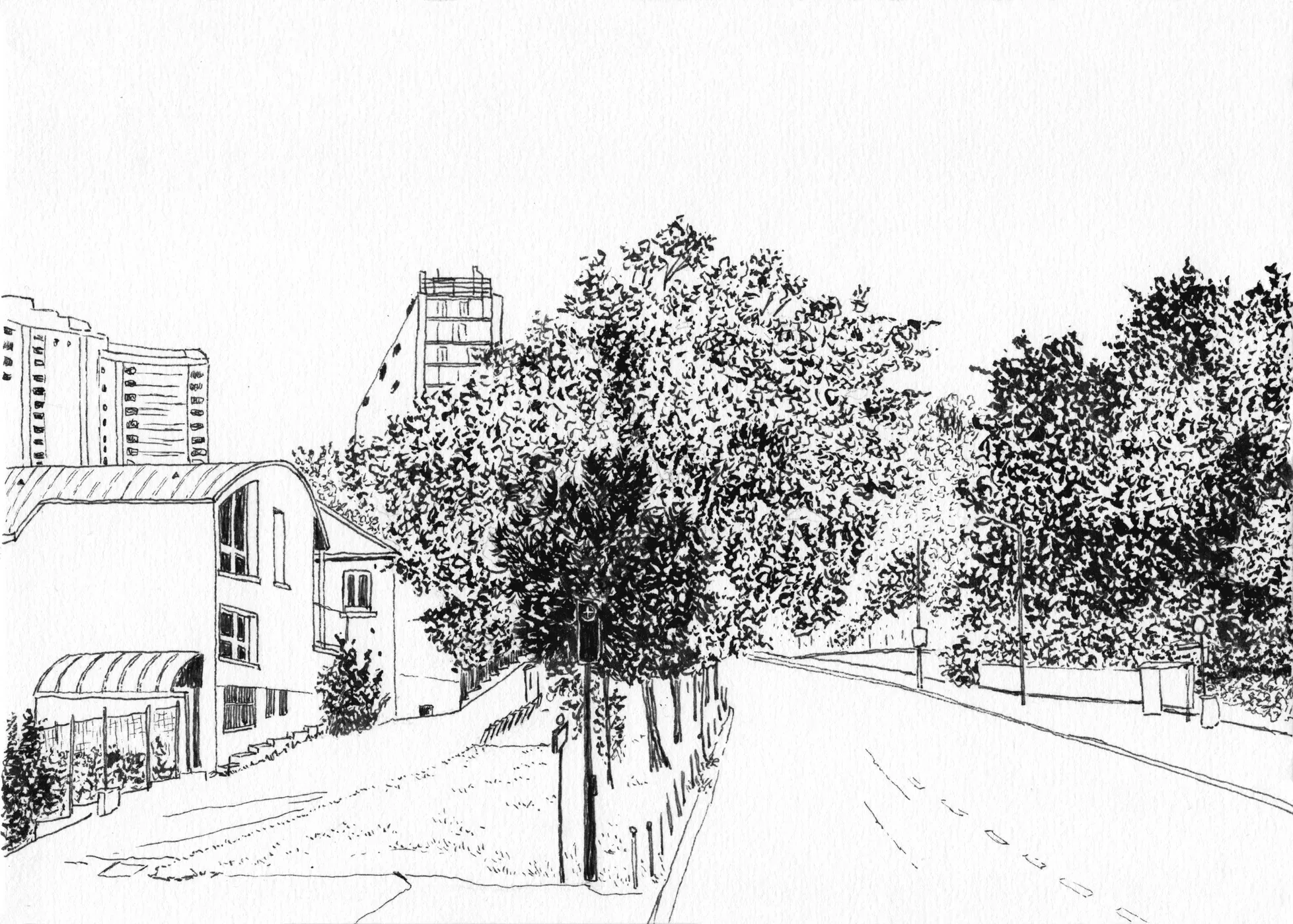 street scene ink drawing